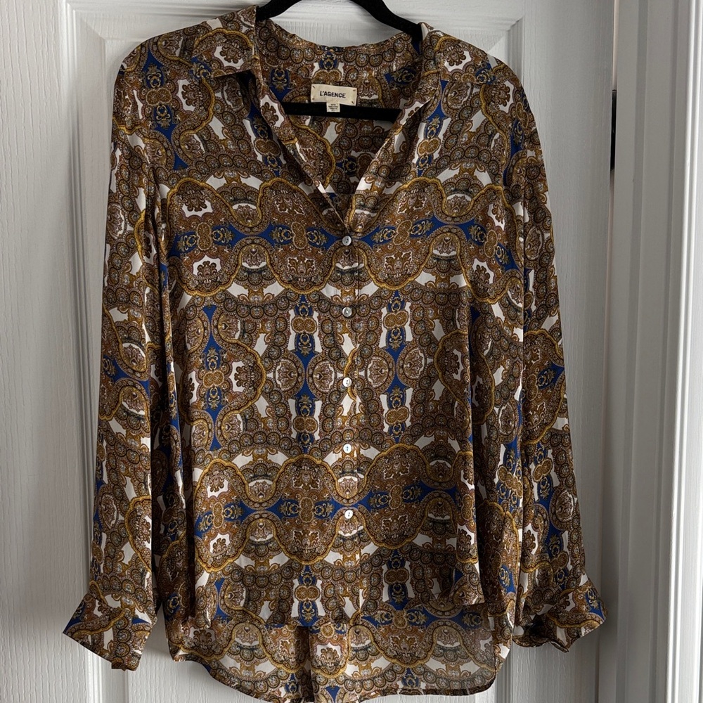 L'agence Brown And Blue Patterned Button Down Shi… - image 1